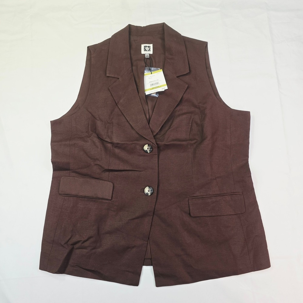 Anne Klein Sleeveless Blazer Vest Women's 14P Dark Chocolate Brown Two Button
